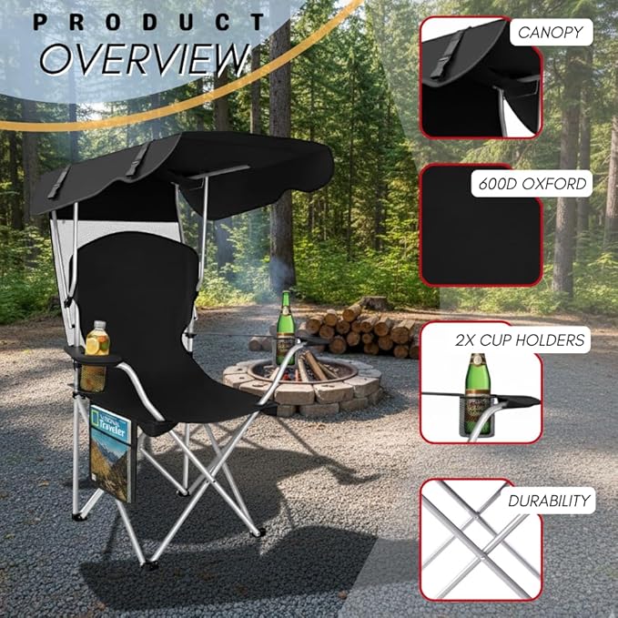 Portable Folding Camping Chairs with Canopy Shade, Beach Chair for Adults, Durable Weather Resistant 600D Oxford Cloth, Camping Chair with Canopy for Outdoors [Black-2 Pack]