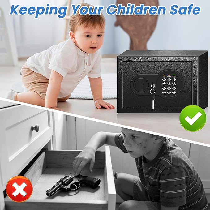 0.5 Cu ft Small Safe Box with Fireproof Waterproof Bag, Home Safe with Keys & Pass Code & Wall Mount Kits, Money Safe with Smart Alert System for Money, Jewelry, and Documents, 12.1''W×7.8''D×7.8''H
