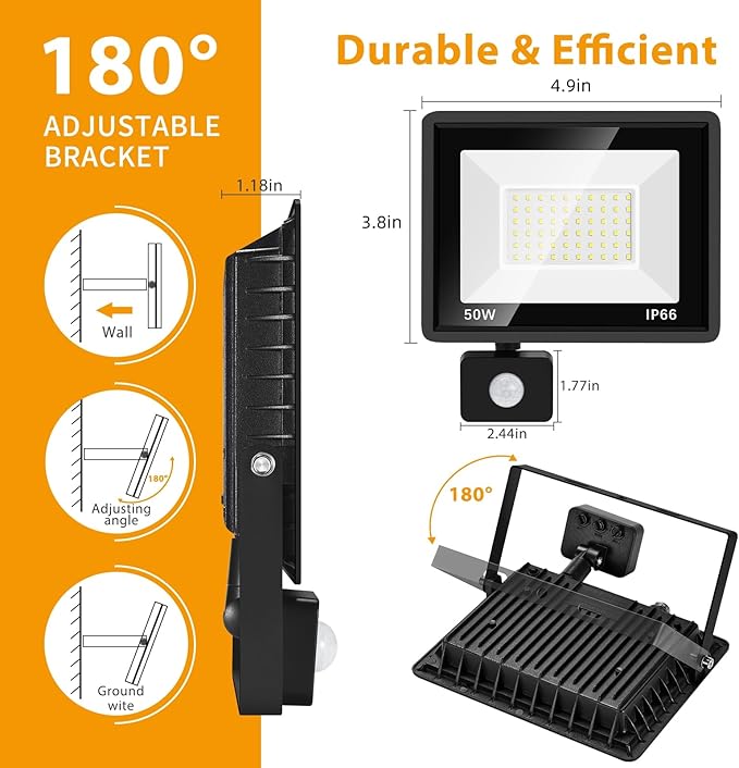 2 Pack 50W LED Motion Sensor Flood Light,LED Work Light with Plug,Super Bright IP66 Waterproof Floodlights Outdoor 5000K Daylight Dusk to Dawn 8800LM Security Light for Garage,Front Porch,barn