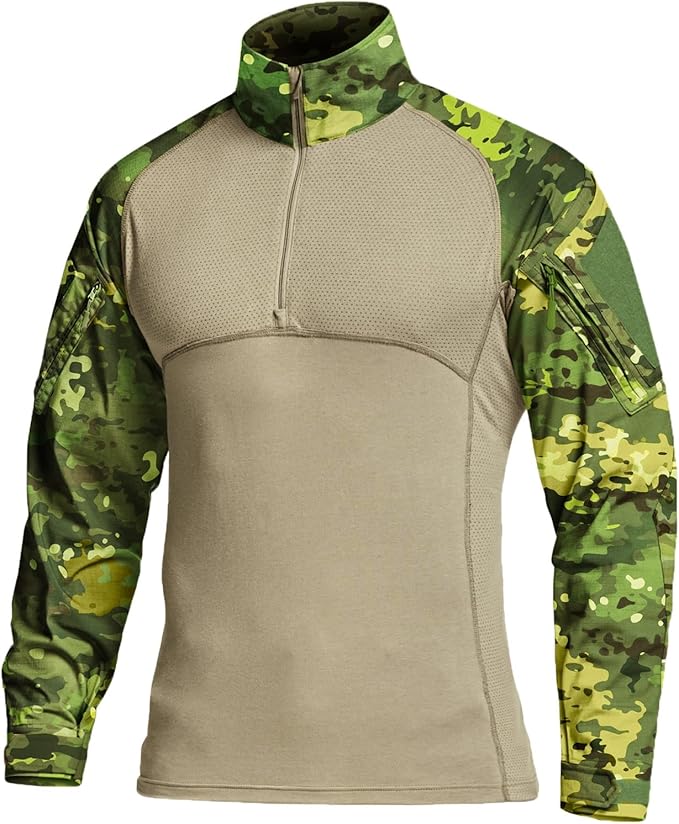 CQR Men's Combat Shirt Tactical 1/4 Zip Long Sleeve Military BDU Shirts Camo EDC Top with Pockets