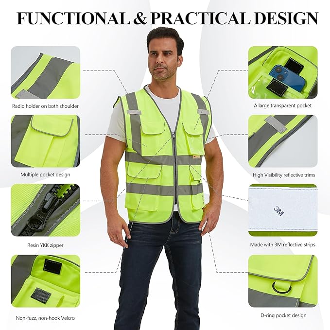 SIFE Reflective Safety Vest High Visibility Vest With 7 Pockets And YKK Zipper, ANSI/ISEA Class 2 Standard, Made With 3M Reflective Tape(03YG-Yellow,3XL)