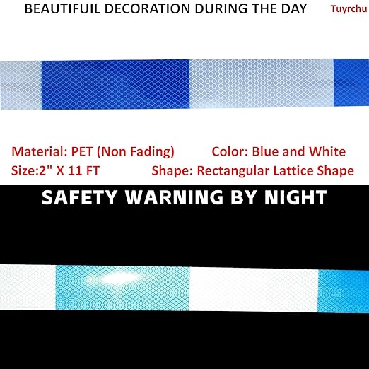 Reflective Tape Blue White 2 inch Wide, Outdoor Waterproof High Visibility Hazard Warning Industrial Marking Tape (11 feet)