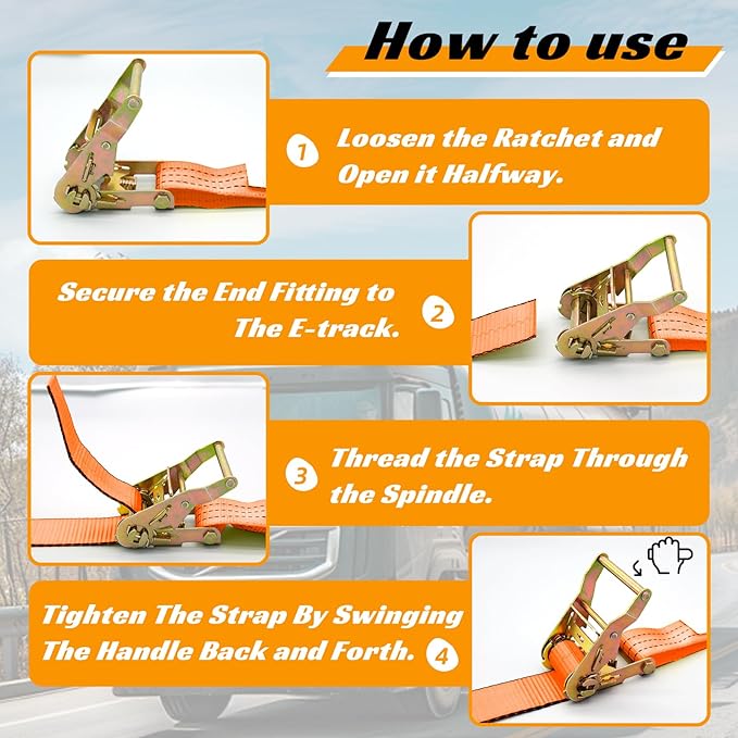8 Pack 2" x 15' Heavy Duty E-Track Ratchet Straps - 4500LBS Break Strength - Tie Down Straps for Trucks, Trailers, Motorcycles, and Cargo（Orange）