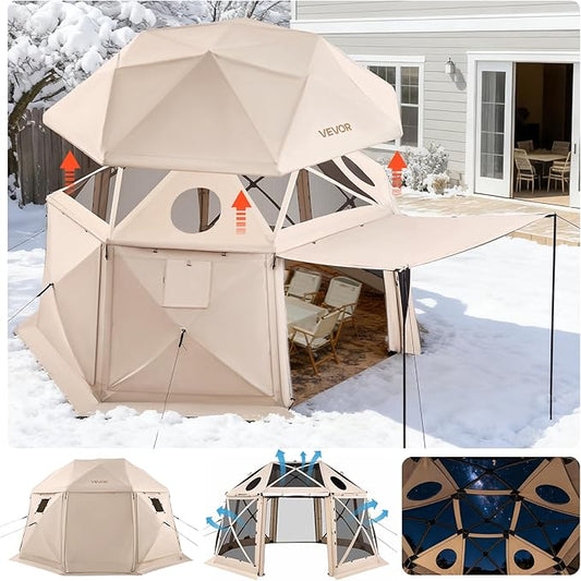 VEVOR Pop up Gazebo Screen Tent, 12 x 12 ft, 13-Sided Spherical Camping Canopy Tent with Removable Top & Carry Bag, Quick-Set & Bite-Proof, Screen House Sun Shelter for 8-10 Persons, Beige