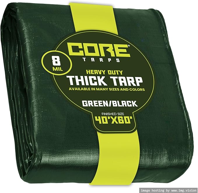 Core Tarps Heavy Duty 8 Mil Tarp Cover, Waterproof, UV Resistant, Rip and Tear Proof, Poly Tarpaulin with Reinforced Edges for Roof, Camping, Patio, Pool, Boat. (Green/Black 40′ X 60′)