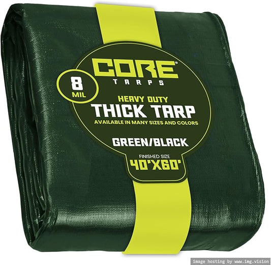 Core Tarps Heavy Duty 8 Mil Tarp Cover, Waterproof, UV Resistant, Rip and Tear Proof, Poly Tarpaulin with Reinforced Edges for Roof, Camping, Patio, Pool, Boat. (Green/Black 40′ X 60′)