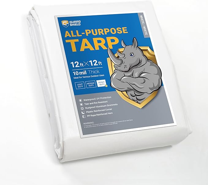 GUARD SHIELD Heavy Duty Tarp 12x12 Feet White Multi Purpose Thick Waterproof Poly Tarp Cover 10mil