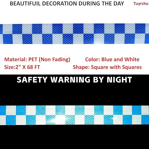 Reflective Tape Blue White 2 inch Wide, Outdoor Waterproof High Visibility Hazard Warning Industrial Marking Tape (68 feet)