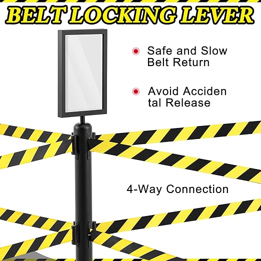 Therwen 12 Pcs Double Retractable Belt Barrier with Stanchion Dual Retractable Safety Belt Heavy Duty Crowd Control Stanchions Stainless Steel Post Holder Safety Barrier Stand (16.4 ft,Black)