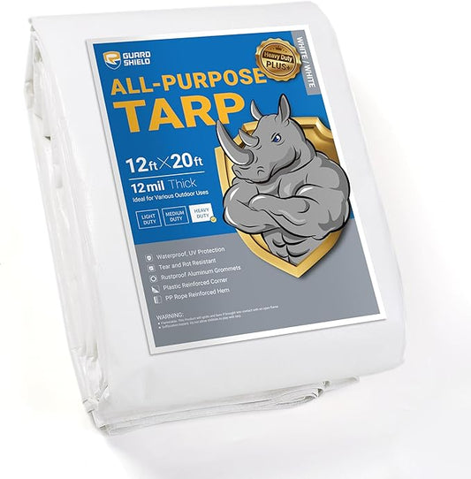 GUARD SHIELD White Tarps Heavy Duty Waterproof 12x20 Feet Large Thick Tarp Cover 12mil