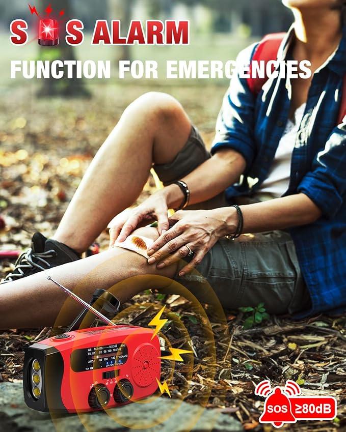 086S Hand Crank Emergency Radio - 2000mAh/7400mWh AM/FM/NOAA Solar Hand Crank Emergency Radio with 3 LED Flashlight, SOS Function for Emergencies, Camping - Red