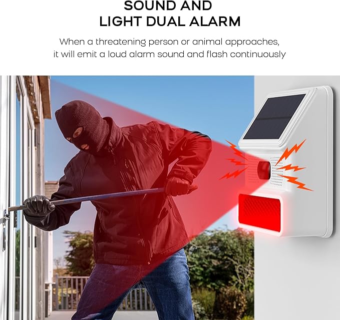 PGST Solar Alarm Motion Sensor,Outdoor Alarm Siren with Flashing Light,IP65 Waterproof,Remote Control,21 Sound Switching Options,120dB Loud Noise Maker for Farm,Yard,Garden,Fish Pond