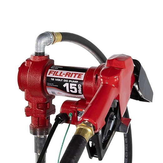 Fill-Rite FR1210HA 12V 15 GPM Fuel Transfer Pump with Discharge Hose & Automatic Nozzle, Red | Gasoline, Diesel, Kerosene, Ethanol & Methanol Blends & Biodiesel