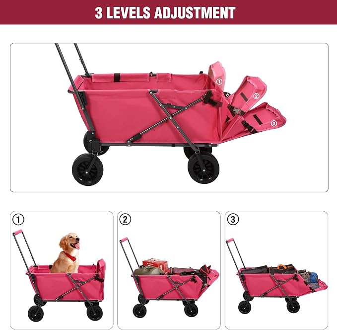 REDCAMP Folding Dog Wagon Cart with Removable Canopy Heavy Duty, 220L Large Collapsible Utility Cart Dog Stroller with Tailgate for Sports Shopping Pet, Pink