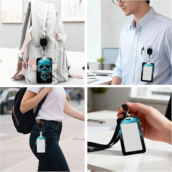 ID Badge Holder with Retractable Lanyard for Women & Men,Vertical ID Card Holder Wallet,Clear Window&Card Slot,Detachable Neck Strap for Nurse Teacher Office,Cracked Blue Skull