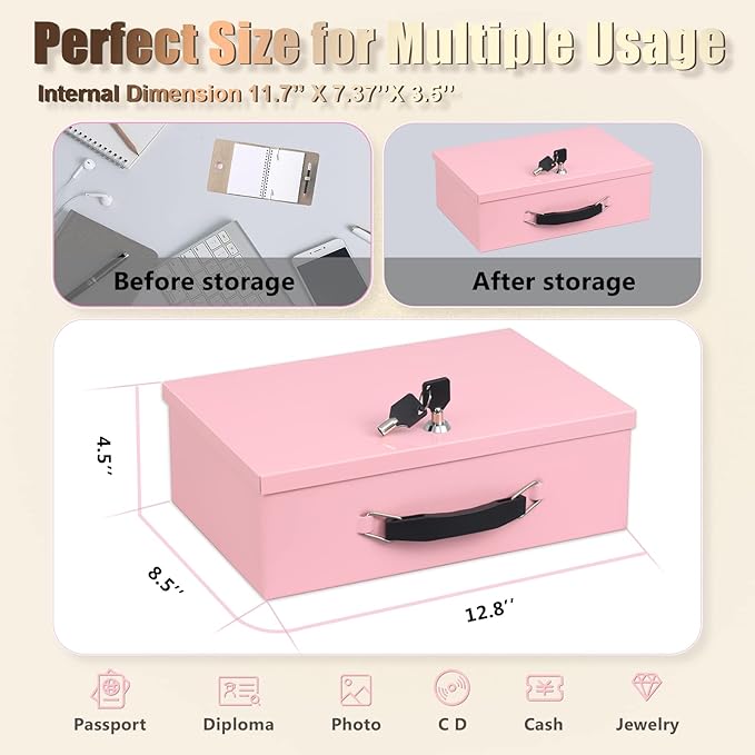 xydled Fire Resistant Safe Fire Safe Box with Key Lock for Home Office Security Storage for Valuables Documents,12.8 x 8.5 x 4.5 Inch,Pink