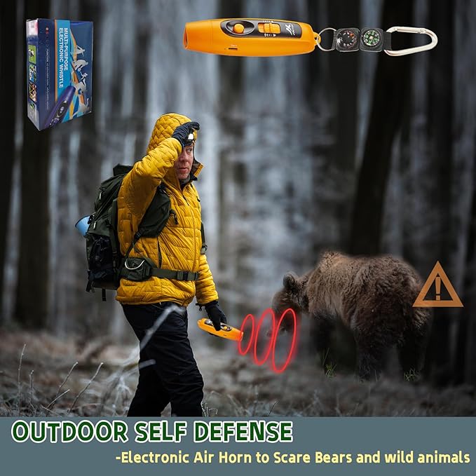 Rechargeable Bear Horn to Scare Bears, 125dB Electronic Air Horn with LED Flashlight & Compass & Thermometer, Electronic Whistle Bear Bells for Safety Hiking Camping Emergency Self Defense