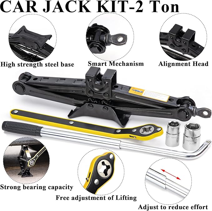 AUTODECO Car Emergency Roadside kit with Scissor Jack Air Compressor Jumper Cables Car Safety Kit Air Wedge Bag Pump Safety Kit