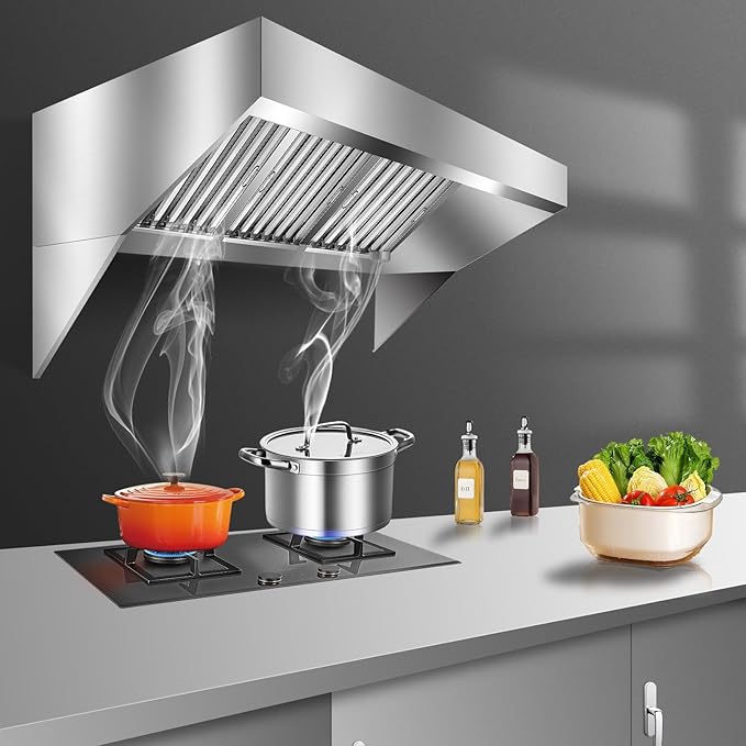 9FT Commercial Kitchen Exhaust Hood, Wall Mount Stainless Steel Vent Hood with 2 Detachable u-Shaped Filters, Rust-Resistant Food Truck & Restaurant Range Hood for Concession Trailer Cooking Station