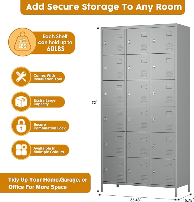 Metal Lockers for Employees, Steel Storage Locker with 18 Doors for School Office Gym Bedroom,Assembly Required, Light Grey,18 Doors