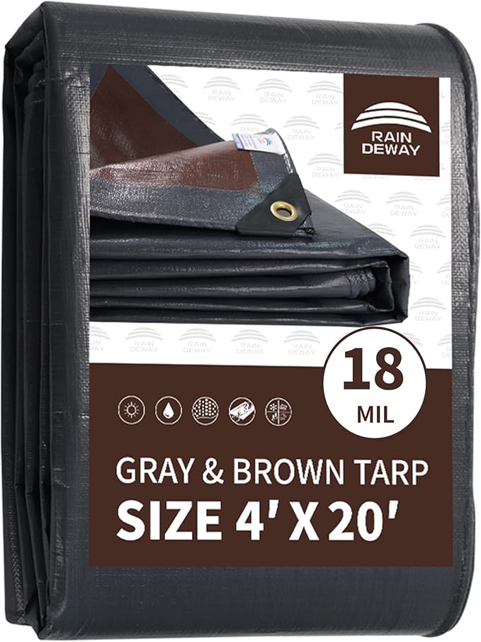 RAINDEWAY 4x20 Feet Super Heavy Duty Tarp 18 Mil, UV Resistant, Weatherproof, Multipurpose Waterproof Poly Tarp with Grommets and Reinforced Edges, Brown/Gray Tarps