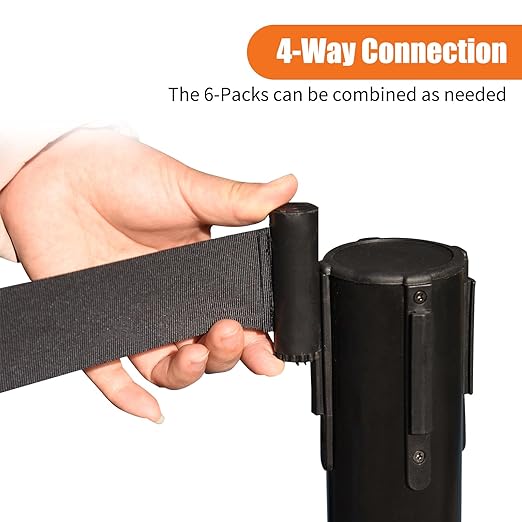 41" Black Crowd Control Stanchion Set, Stable Heavy-Duty Rubber Base with 10 Feet Retractable Belt Crowd Control Barriers, Retractable stanchions for Outdoor Safety (6 Pack)