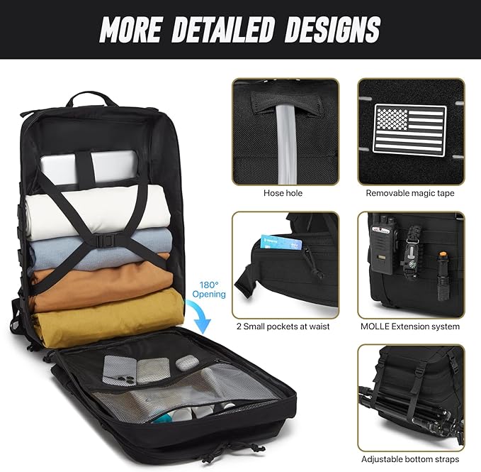 Tactical Backpack for Men, Water Resistant 40L Military Backpack, for Hiking, Camping, Gym with Molle System