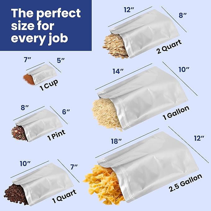 Wallaby 50 Count 1-Gallon Gusset Mylar Bags with Labels, 15 Mil Total Thickness Long-Term Food Storage Pouches, 15x12 Stand-Up Zipper Heat-Sealable Airtight Packaging - Silver