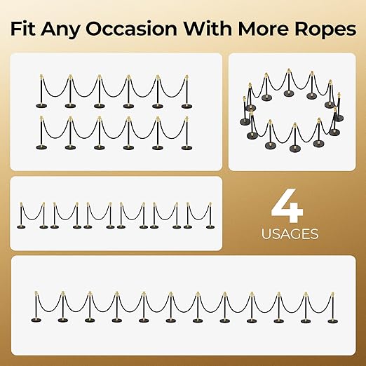 12pcs Sturdy Stanchion Posts, 12pcs High Quality Black Velvet Ropes, Water/Sand/Concrete Fillable Leakproof Base, Crowd Control Barriers for Birthday, Prom, Business, Wedding, Red Carpet