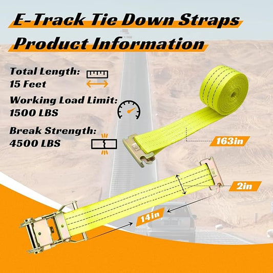 8 Pack 2" x 15' Heavy Duty E-Track Ratchet Straps - 4500LBS Break Strength - Tie Down Straps for Trucks, Trailers, Motorcycles, and Cargo（Yellow）