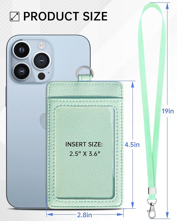 Teskyer Badge Holder with Lanyard, Leather ID Name Badge Card Holder with Lanyard for ID Badges, Vertical, Lychee Pattern Light Green