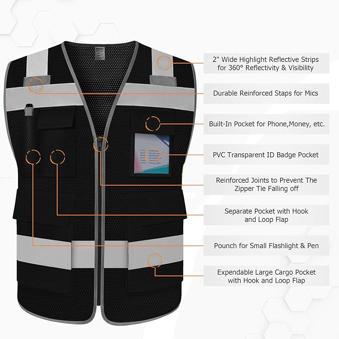 TCCFCCT Mesh Safety Vest for Men Women 5 Pockets Reflective Vest with Reinforced Zipper, High Visibility Construction Work Vest with Tabs for Walkie-talkie, Durable to Use, Meets ANSI/ISEA, Black, XXL
