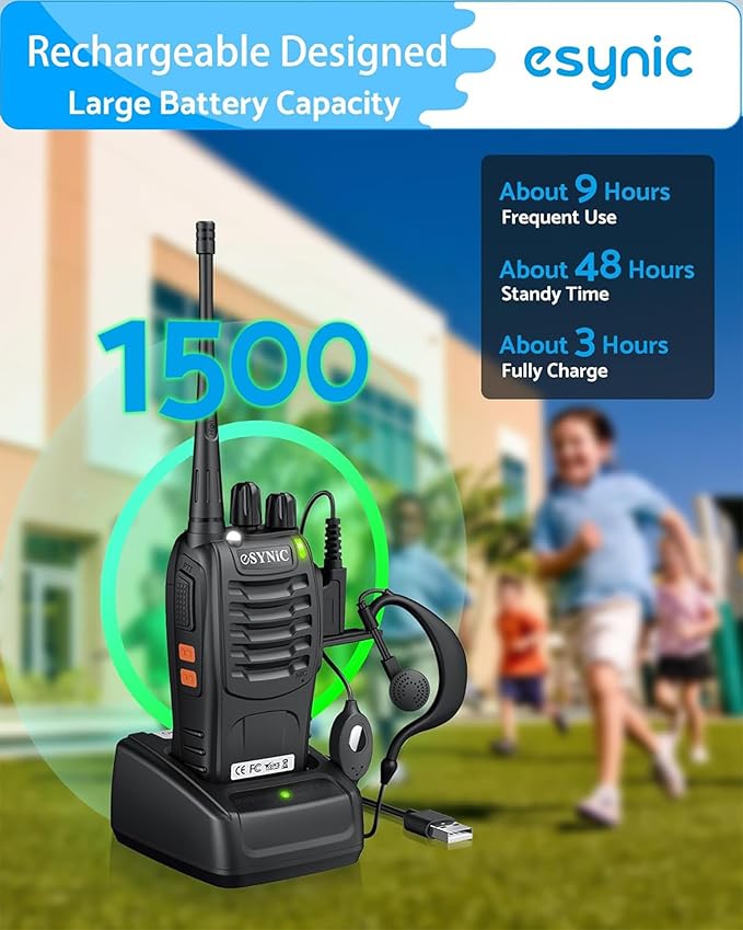 eSynic 2 Pack Walkie Talkies 5KM Long Range Walky Talky 16CH Rechargeable VOX 2 Way Radios with 2 Headsets & Belt Clips Wonderful Gifts for Kids & Adults for Camping, Hiking, Job Site & Family Use