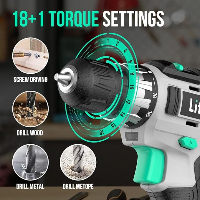 Litheli Cordless Drill Set, 20V Max Power Drill Cordless Set, 3/8” Keyless Chuck, 18+1 Torque Settings, Variable Speed, w/ 2.0 Ah Battery and 1 Hour Fast Charger Included