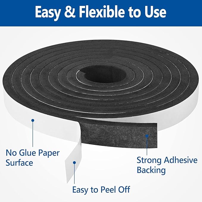 Kikerike Self Adhesive Foam Tape Weatherstrip 3/4In x 1/8In x 50Ft High Density Foam Insulation Strips Seal Weather Stripping with Strong Adhesive for Door and Window Sound Isolation Soundproofing