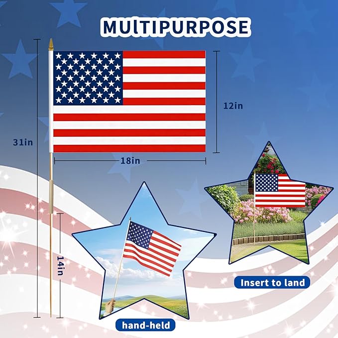 24 Pack 12x18 Inch Handheld American Flags on Stick - Patriotic American Flags for Outside, USA Stick Flag Perfect for Independence Day, Memorial Day, 4th of July Decorations (24)