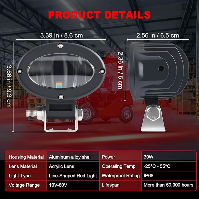 eTzone LED Forklift Safety Light Red 2 Pack, Straight Line Warning Zone Forklift Warning Light for Warehouse Pedestrian & Industrial Use, 30W DC 10-80V