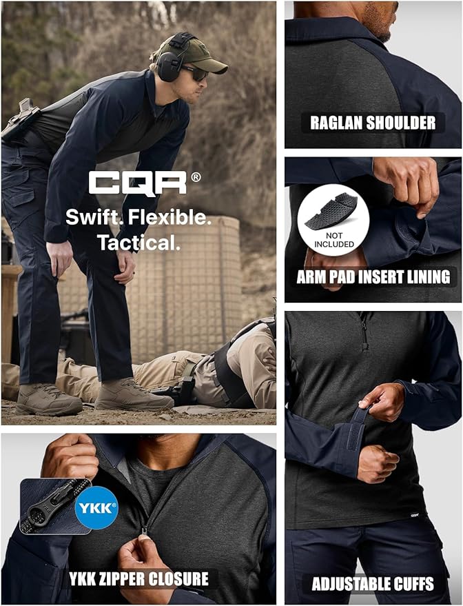 CQR Men's Combat Shirt Tactical 1/4 Zip Long Sleeve Military BDU Shirts Camo EDC Top with Pockets
