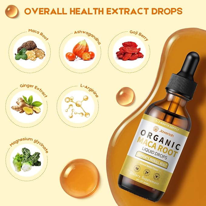 Organic Maca Root Liquid Drops with Ashwagandha,Goji Berry,Ginger,Magnesium and L-Arginine for Women and Men,Ashwagandha Maca Root Supplements Tincture 2 Fl Oz