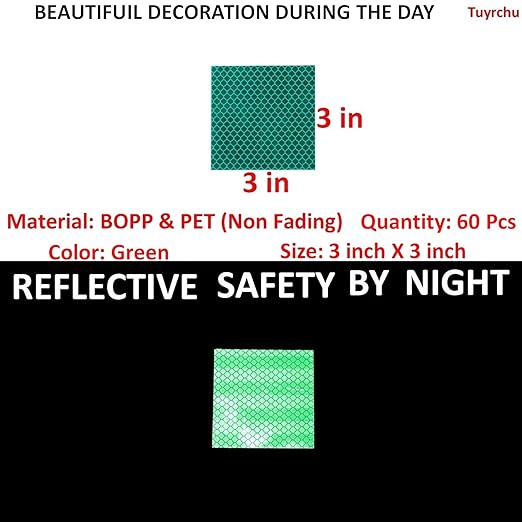 Green Reflective Stickers 3 inch X 3 inch, Outdoor Waterproof High Visibility Warning Safety Adhesive Reflector Tape (60 Pcs)