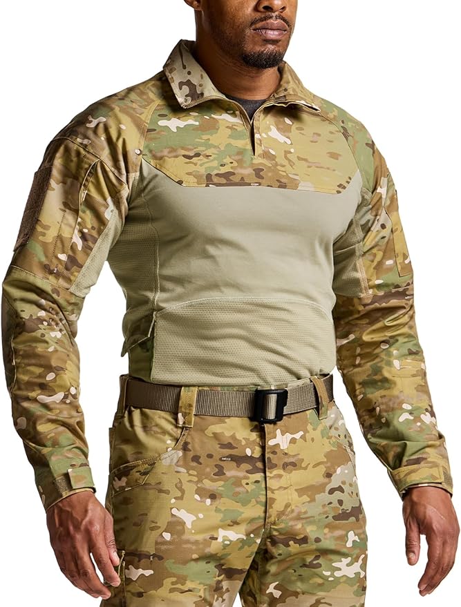 CQR Men's Combat Shirt Tactical 1/4 Zip Long Sleeve Military BDU Shirts Camo EDC Top with Pockets