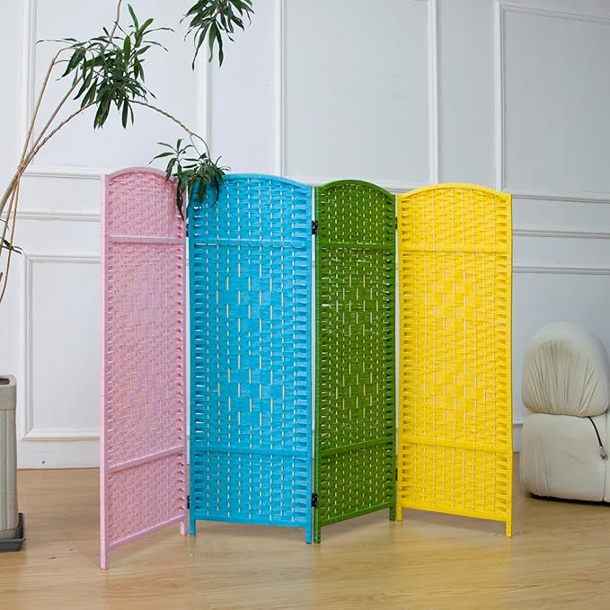 4 Panel Rattan Divider Short Room Partition Screen,Double Sided Folding Divider for Room Separation,Colorful,47.2" H x 63" W