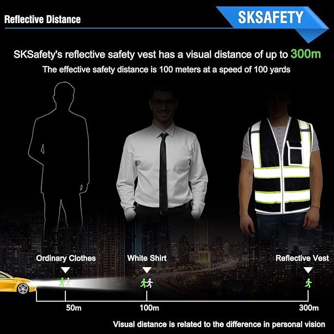 SKSAFETY 10 Pockets Safety Vest, Class 2 High Visibility Security with Zipper, Hi Vis Vest with Reflective Strips, ANSI/ISEA Standard, Construction Work Vest for Men ＆ Women （Black, L）