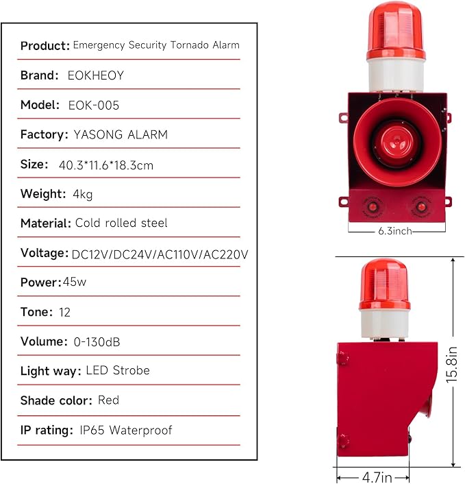 Industrial Siren Alarm 130dB Loud Horn 45watt Adjustable Volume and Tone Outdoor Emergency Strobe Security Alarm System with Plug for Factory, Warehouse, School, Office, Shipyard AC110V-120V