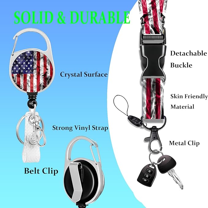 Badge Holder Lanyard American Flag Badge Reel ID Card Holders Detachable Name Tag Clips Cute Funny Nurse Teacher Office Gifts Women Man Badge Holder (USA SMOG)