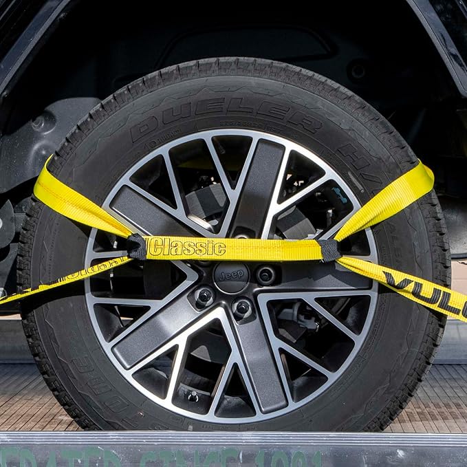 VULCAN 8-Point Roll Back Vehicle Tie Down Kit with Snap Hook on Strap Ends and Chain Tail on Ratchet Ends - Set of 4 - Classic Yellow