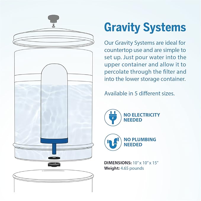 Pro One Gravity Water Filter System - NSF Certified, Removes Fluoride & Chlorine, Stainless-Steel Portable or Countertop Dispenser for Home, Camping & Travel (3 Gallon) with One 7” Filter