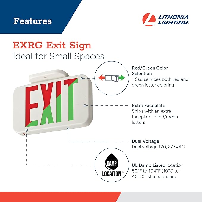 Lithonia Lighting Single-Sided LED Exit Sign, Thermoplastic Construction, Switchable Red and Green Colors, AC Power, Includes Extra Faceplate, White (EXRG M6)