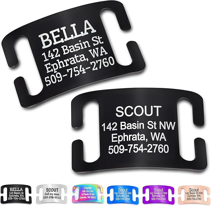 GoTags Slide-On Pet ID Tags, Curved Personalized Dog and Cat, Silent, No Noise Stainless Steel, Custom Engraved in 4 Sizes for Large and Small Pets, Black