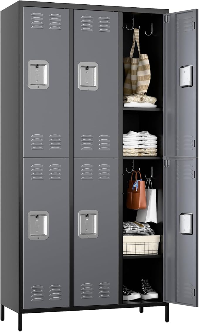 Metal Lockers with 6 Doors and 18 Hooks, 72" Tall Lockers for Employees with 18 Hooks for Home Office School Gym, Assembly Required, Black and Gray